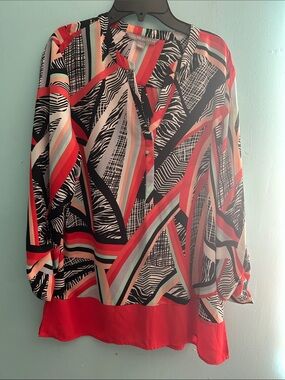 Colorblock Abstract Print Blouse with Red Hem